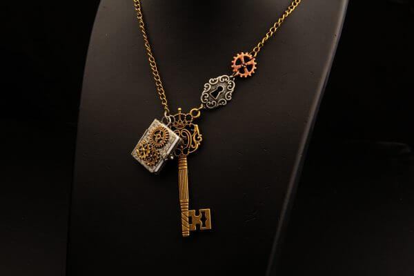STEAMPUNK PENDANT NECKLACE - Key, Gears, Book, Metal Alloy, One of a kind