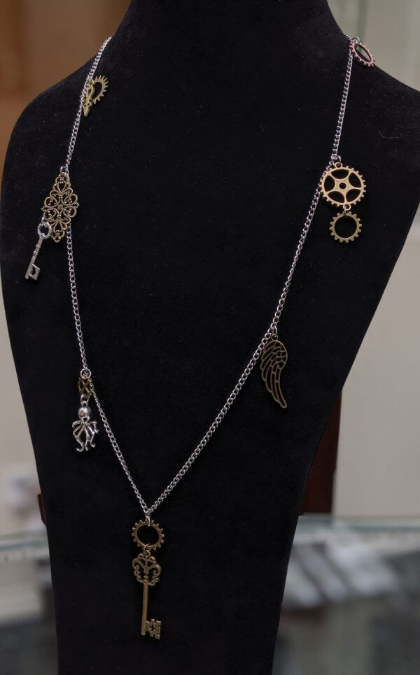 STEAMPUNK LONG CHARM Necklace - Gears, Alloy, Hand Crafted