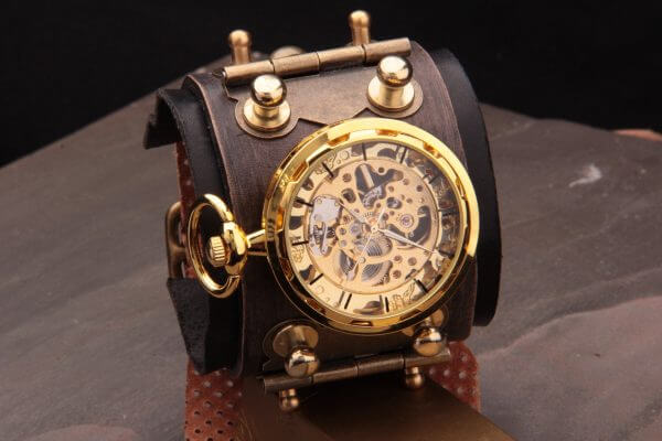 STEAMPUNK Leather Cuf, Steampunk watch, Steampunk Bracelet, Gothic Cuff, Movement Watch Cuff, Unique Watch, Cyperpunk Wristwatch