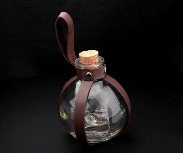 Potion Bottle with Leather Holder. Flask Drinking Bottle for Larp, Costume, Cosplay, Medieval, Steampunk, Renaissance, Glass, Unicorn
