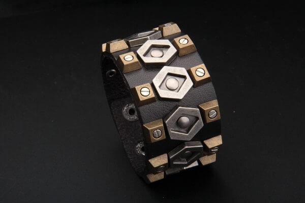 Steampunk Victorian Cuff Bracelet, Leather and Alloy, Black Leather Cuff, Hand Crafted