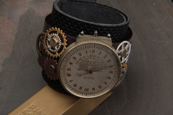 Genuine Leather Steampunk Gear Cuff with Moving Vintage Lens Measure Clock, Gears, Hand Made in the USA