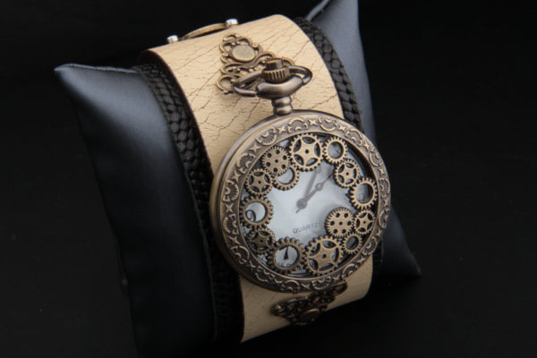 Steampunk Watch / Steampunk Cuff / Leather Cuff Watch / Genuine Leather Bracelet - Unique - Hand Made - Unisex Wristwatches