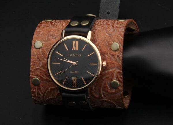 Steampunk Gothic Victorian Wrist Watch, Custom Made Brown Genuine Leather Cuff