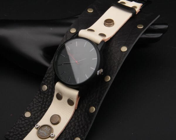Steampunk Gothic Wrist Watch, Leather and Alloy, Black and White Genuine Leather