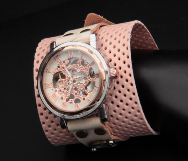 Steampunk Pink Leather Cuff Watch - Genuine Leather Bracelet / Strap - Unique leather Cuff / Movement Watch - Hand Made