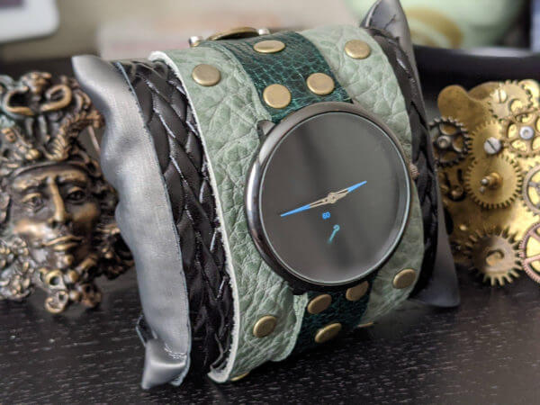 Steampunk Gothic Wrist Watch, Leather and Alloy, Black and White Genuine Leather