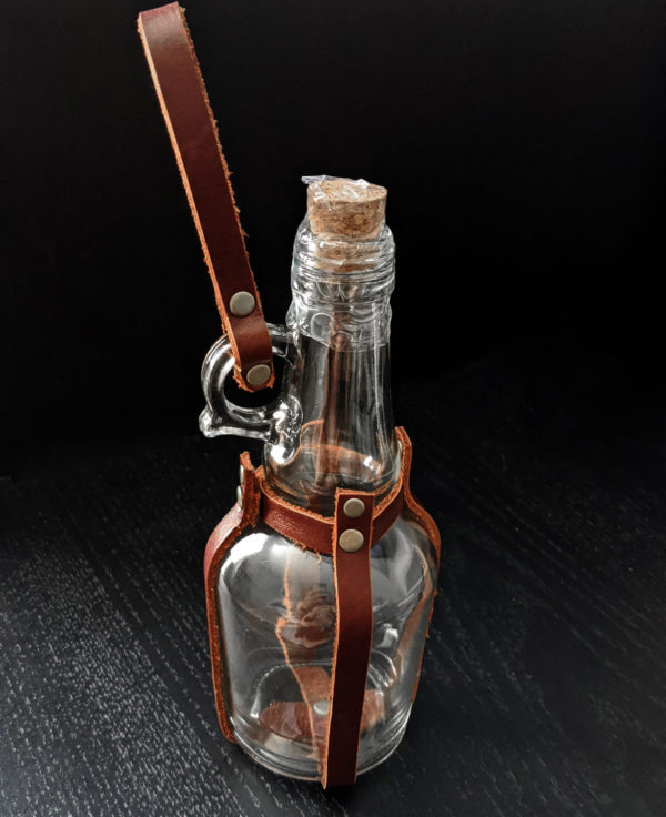 Potion Bottle with Leather Holder. Flask Drinking Bottle for Larp, Costume, Cosplay, Medieval, Steampunk, Renaissance, Glass, Unicorn