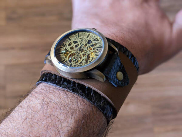STEAMPUNK Leather Cuff, Diesel Punk watch, Steampunk Bracelet, Gothic Cuff, Movement Watch Cuff, Unique Watch, Cyperpunk Wristwatch