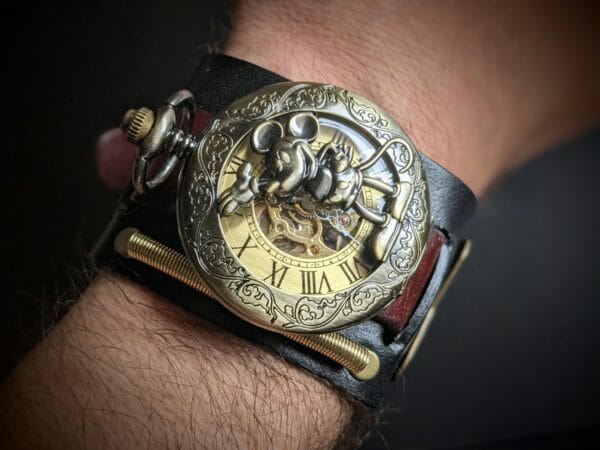MICKEY MOUSE Movement Watch Steampunk Cuff, Disney Steampunk Wrist Watch, Genuine Leather, Steampunk Wrist Watch, Antique Dog Tag