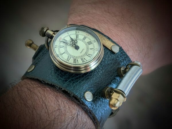 Unique Leather Cuff, Pocket Watch on a wrist cuff bracelet, Steampunk Cyberpunk Themed Wristwatch