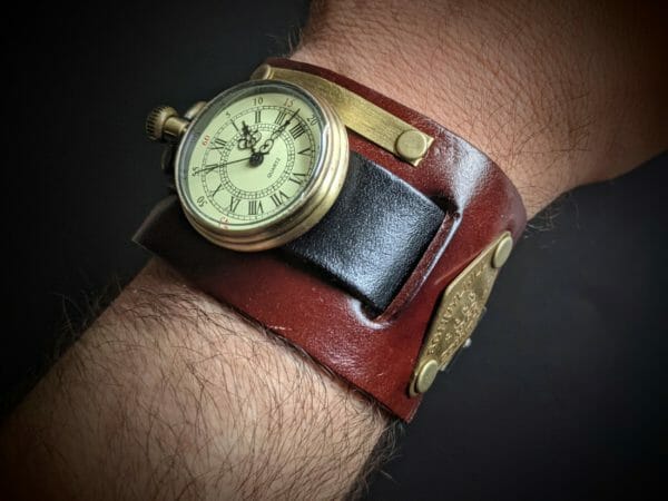 Unique Top Grain Genuine Leather, Watch cuff bracelet, Steampunk Cyberpunk Themed Wristwatch, Antique Dog Tag