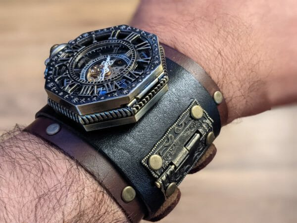 Unique Top Grain Leather, Movement Pocket Watch on a wrist cuff bracelet, Steampunk Cyberpunk Themed Wristwatch