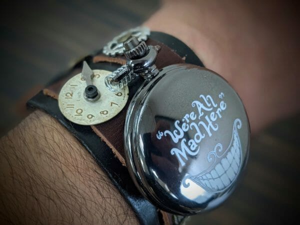 Alice in wonderland, Cheshire Cat Unique Leather Cuff, Steampunk Pocket Watch cuff bracelet, Steampunk Cyberpunk Themed Wristwatch