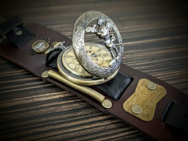 MICKEY MOUSE Movement Watch Steampunk Cuff, Disney Steampunk Wrist Watch, Genuine Leather, Steampunk Wrist Watch, Antique Dog Tag