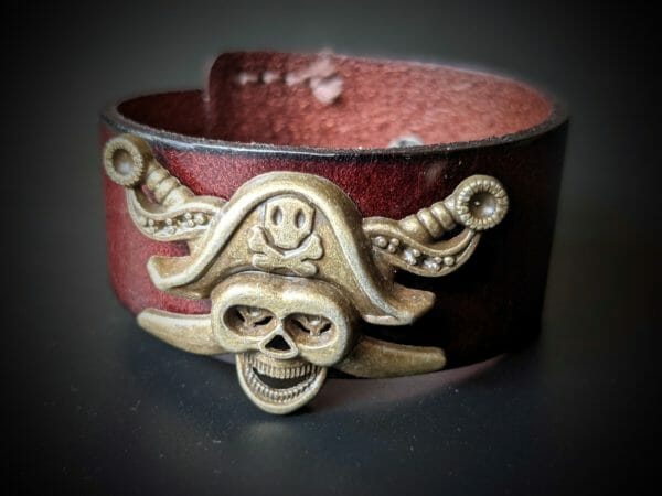 Pirate Bracelet Cuff, Steampunk Leather and Alloy Brown Leather Cuff, Custom Hand Made, One of a kind