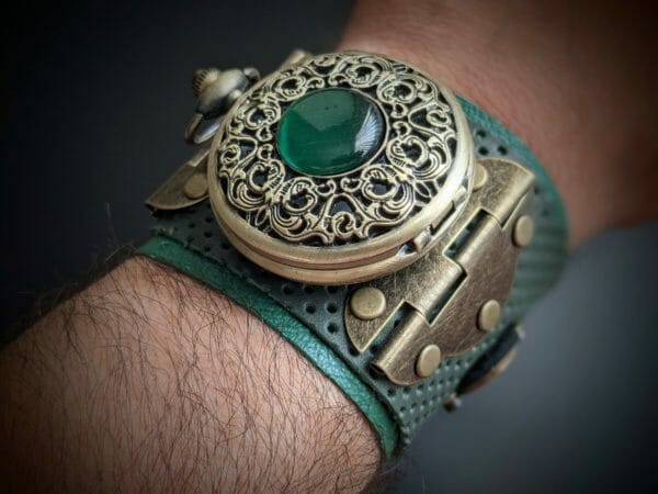 Green Eye Steampunk Leather Wrist Watch, Steampunk Watch, Leather Cuff Watch, Bracelet Watch, Wide leather bracelet, Leather Strap Watch