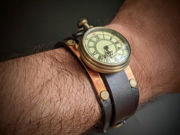 Unique Top Grain Genuine Leather, Watch cuff bracelet, Steampunk Cyberpunk Themed Wristwatch, Antique Dog Tag