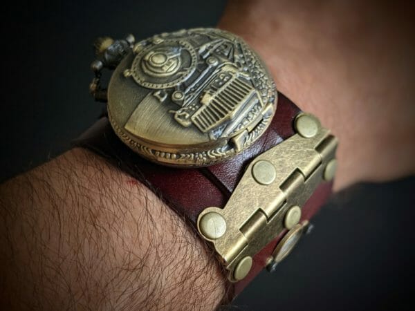 Locomotive, 1948 Vintage Dog Tag. Steampunk LED Unique Genuine Leather, Watch cuff bracelet, Steampunk Cyberpunk Themed Wristwatch
