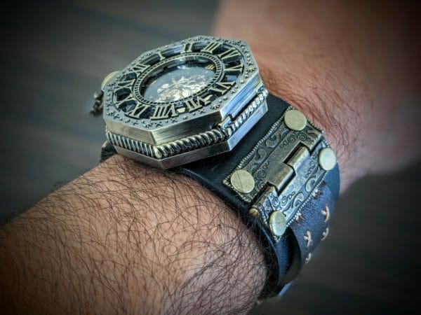 Unique Genuine Leather, made in the USA, with Movement Pocket Watch on a wrist cuff bracelet - Steampunk Cyberpunk Themed Wristwatch