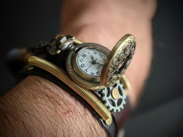 Unique Genuine Leather, Pocket Watch on a wrist cuff bracelet, Steampunk Cyberpunk Themed Wristwatch