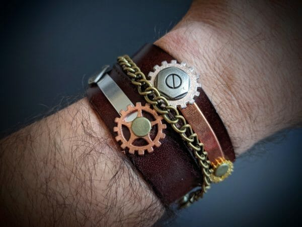 Gears Cuff Themed Cosplay Steampunk Bracelet, Gothic Cuff, Gears and Top Grain, Genuine Leather, Hand Made in the USA