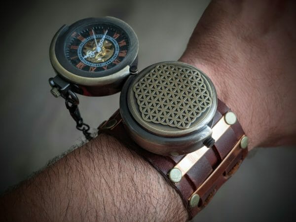 Unique Leather Movement Pocket Watch on a wrist steampunk cuff bracelet, Steampunk Cyberpunk Themed Wristwatch