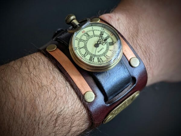 Unique Genuine Leather, Watch cuff bracelet, Steampunk Cyberpunk Themed Wristwatch, Antique Dog Tag