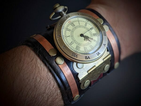 Unique Leather Cuff, Steampunk Pocket Watch on a wrist cuff bracelet, Steampunk Cyberpunk Themed Wristwatch