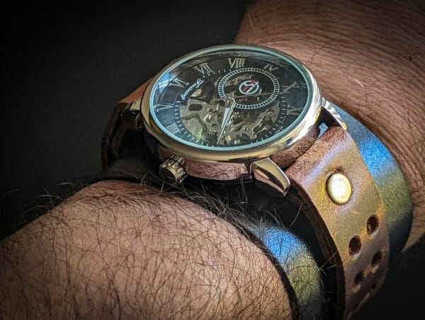 Automatic Mechanical Watch in Unique Genuine Leather, Watch cuff bracelet, Steampunk Cyberpunk