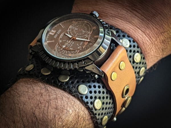 Unique Genuine Leather, Watch cuff bracelet - Hand made in the USA - Steampunk Cyberpunk Themed Wristwatch