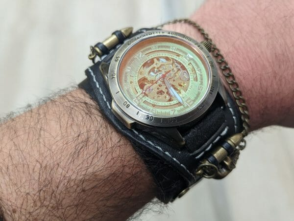 Genuine Leather, Movement Watch cuff bracelet - Steampunk Cyberpunk Themed Wristwatch