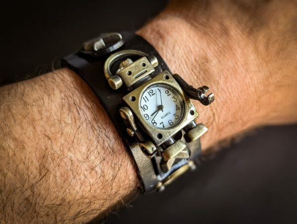 Steampunk ROBOT Watch Genuine Leather, Watch cuff bracelet, Themed Wristwatch