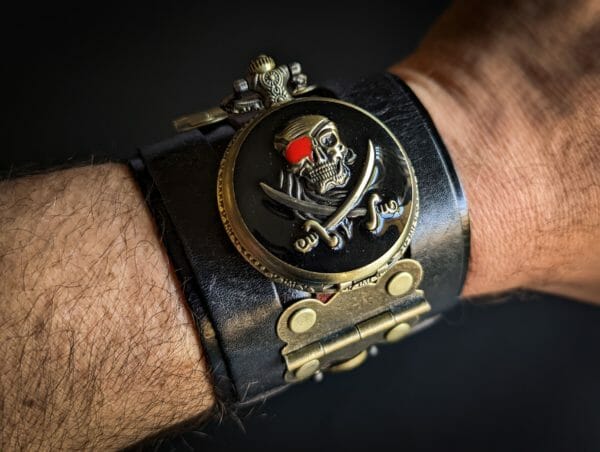 Pirate Watch Bracelet Cuff, Steampunk Leather and Alloy Brown Leather Cuff, Custom Hand Made, One of a kind