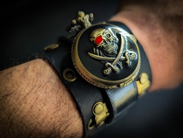Pirate Watch Bracelet Cuff, Steampunk Leather and Alloy Brown Leather Cuff, Custom Hand Made, One of a kind