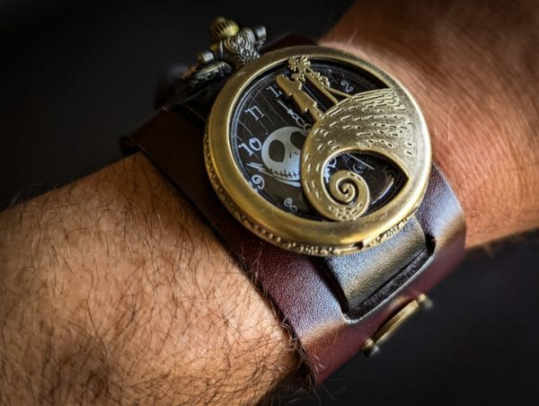 Nightmare Before Christmas Unique Genuine Leather, 1951 Vintage Dog Tag, Watch cuff bracelet, Steampunk Cyberpunk Themed Wristwatch