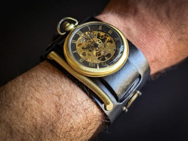 Unique Leather Cuff, Movement Pocket Watch on a wrist cuff bracelet, Antique 1955 dog tag Steampunk Cyberpunk Themed Wristwatch