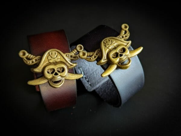 Pirate Bracelet Cuff, Steampunk Leather and Alloy Brown Leather Cuff, Custom Hand Made, One of a kind