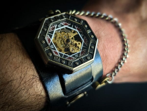 Poker Face Mechanical Watch, Casino. Unique Genuine Leather, Watch cuff bracelet, Steampunk Cyberpunk Themed Wristwatch