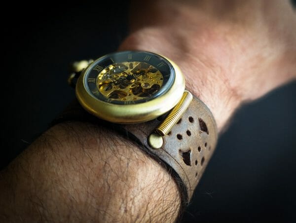 Unique Leather Cuff, Movement Pocket Watch on a wrist cuff bracelet, Antique 1955 dog tag Steampunk Cyberpunk Themed Wristwatch