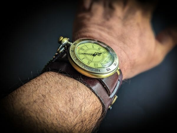 Unique Leather Cuff, Steampunk Pocket Watch on a wrist cuff bracelet, Steampunk Cyberpunk Themed Wristwatch