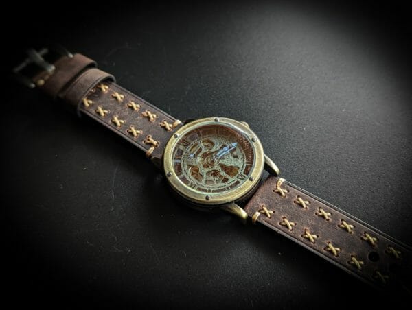Mechanical Watch, Genuine Leather Cuff Watch - Steampunk - Cross Leather Cuff