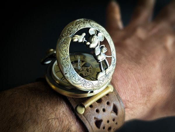 MICKEY MOUSE Movement Watch Steampunk Cuff, Disney Steampunk Wrist Watch, Genuine Leather, Steampunk Wrist Watch, Antique Dog Tag