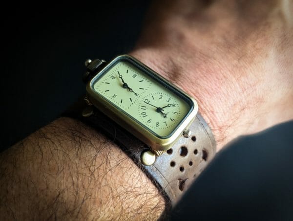 Double Time Steampunk Genuine Leather Bracelet, Watch cuff bracelet, Steampunk Cyberpunk Themed Wristwatch